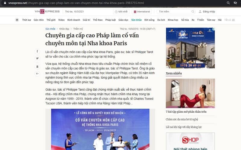 vnexpress đưa tin về chuyên gia cao cấp nha khoa paris
